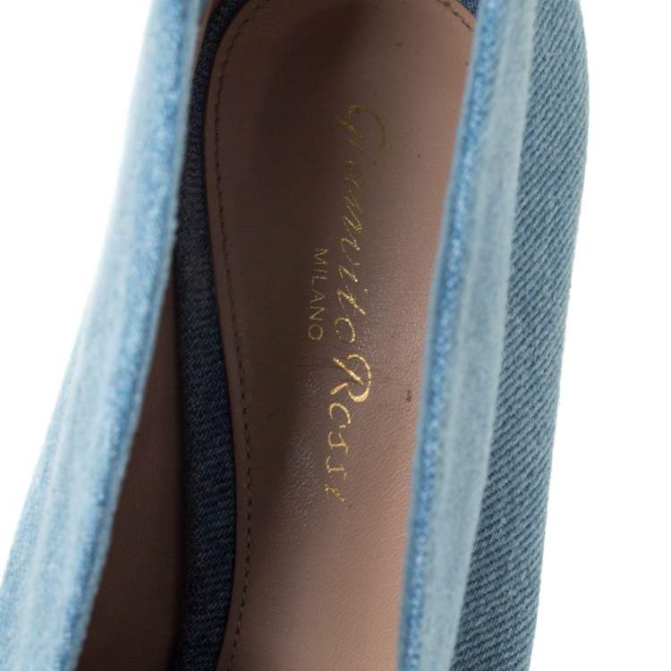 Pre Owned Gianvito Rossi Blue Denim V Neck Peep Toe Booties Size 36