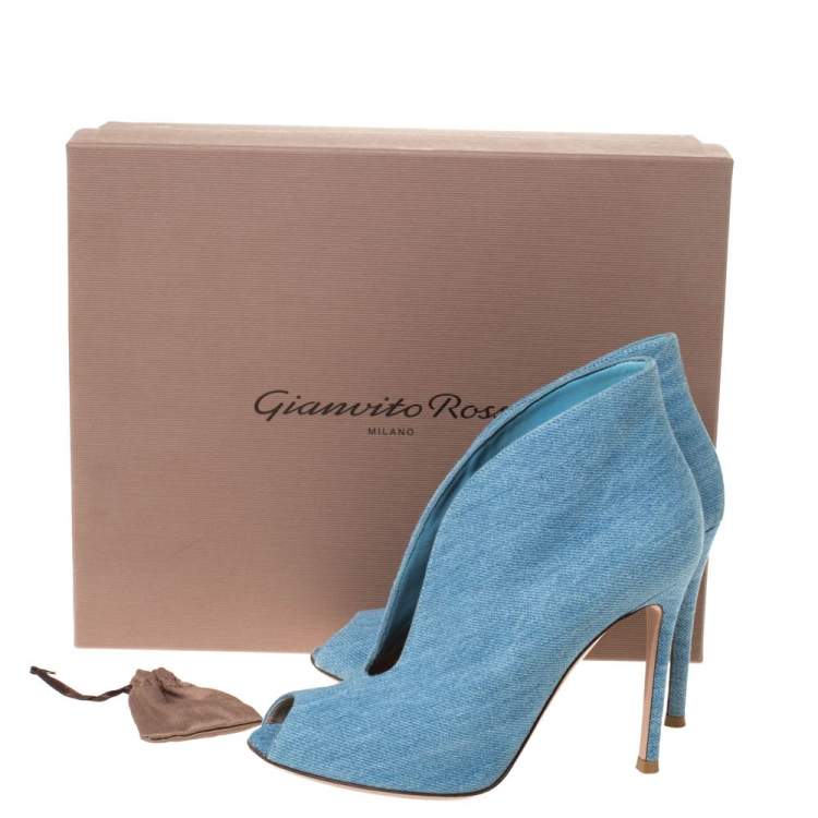 Pre Owned Gianvito Rossi Blue Denim V Neck Peep Toe Booties Size 36