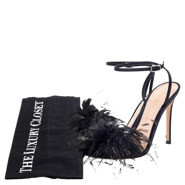 Pre Owned Gianvito Rossi Black Satin Feather Flower Ankle Strap Sandals Size 37.5