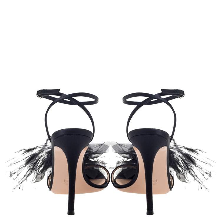 Pre Owned Gianvito Rossi Black Satin Feather Flower Ankle Strap Sandals Size 37.5