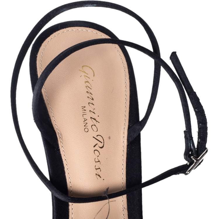 Pre Owned Gianvito Rossi Black Satin Feather Flower Ankle Strap Sandals Size 37.5