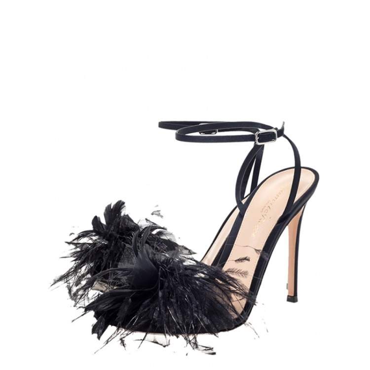 Pre Owned Gianvito Rossi Black Satin Feather Flower Ankle Strap Sandals Size 37.5