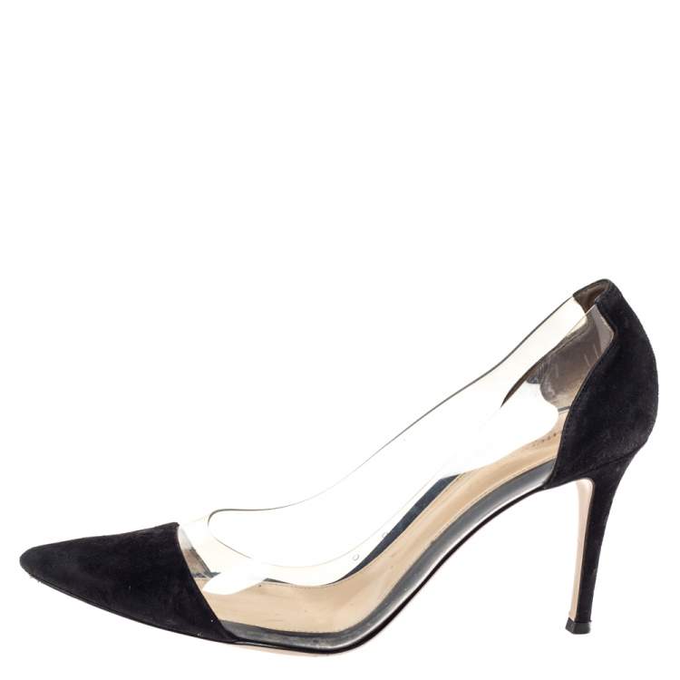 Pre Owned Gianvito Rossi Black Suede Leather And PVC Plexi Pointed Toe Pumps Size 39.5