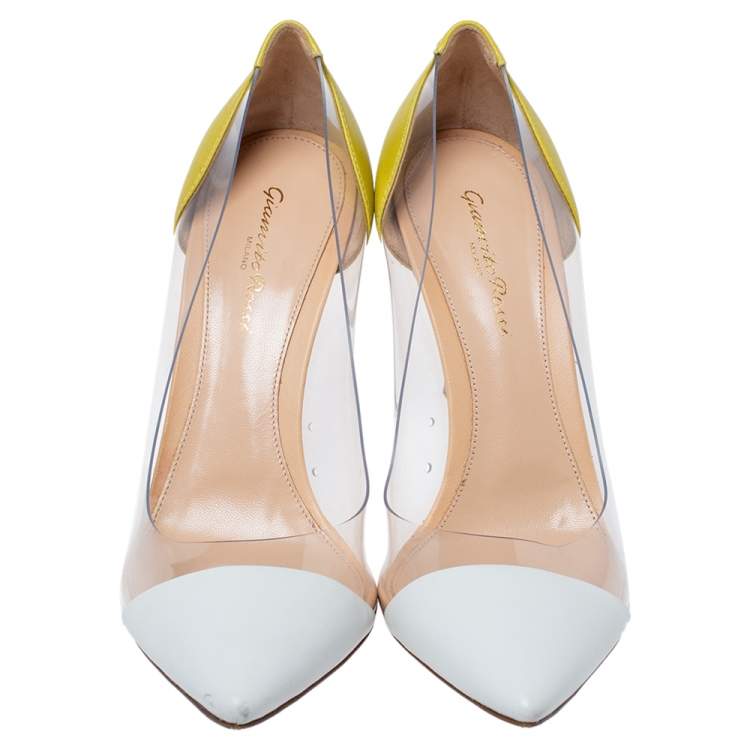 Pre Owned Gianvito Rossi White/Yellow Leather And PVC Plexi Pointed Toe Pumps Size 39