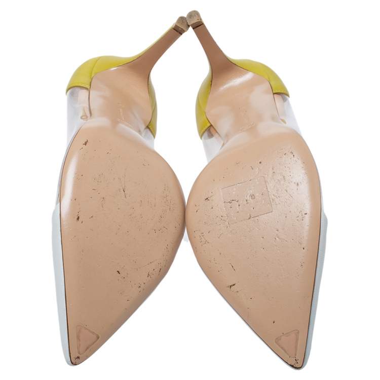 Pre Owned Gianvito Rossi White/Yellow Leather And PVC Plexi Pointed Toe Pumps Size 39