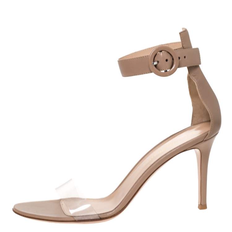 Pre Owned Gianvito Rossi Beige Leather And PVC Plexi Trasp Ankle Cuff Sandals Size 39