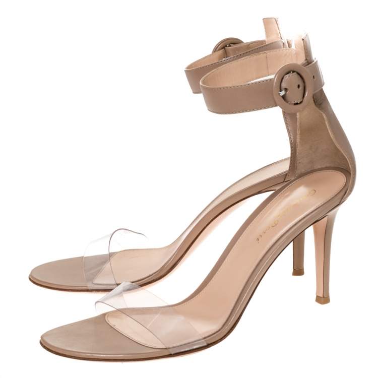 Pre Owned Gianvito Rossi Beige Leather And PVC Plexi Trasp Ankle Cuff Sandals Size 39