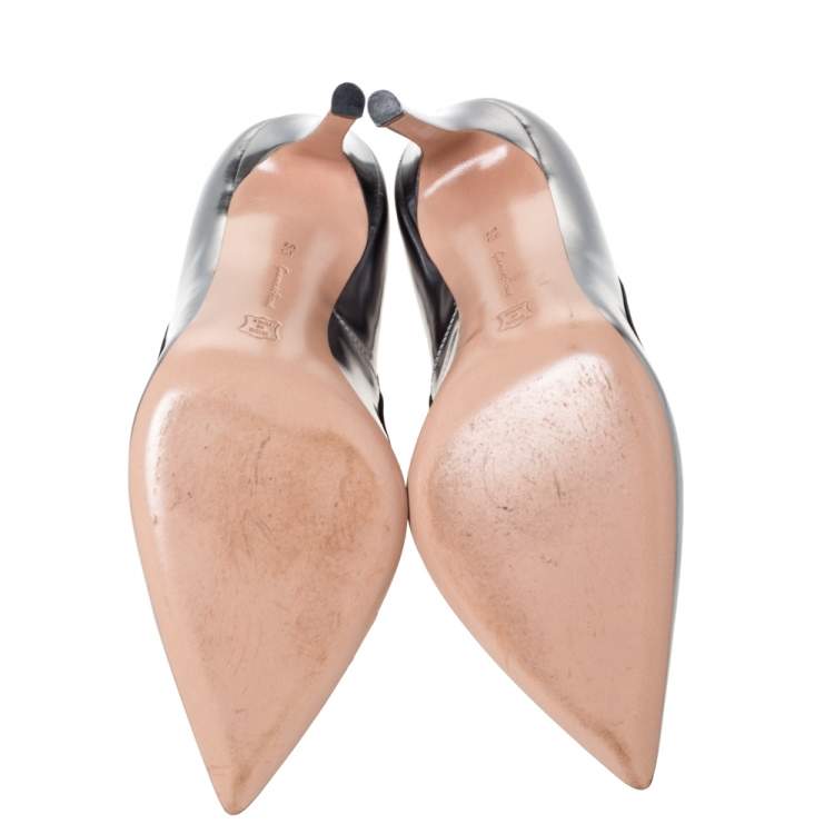 Pre Owned Gianvito Rossi Metallic/Black Leather and Satin Pointed Toe Pumps Size 35.5