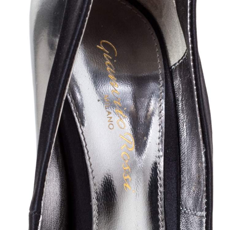 Pre Owned Gianvito Rossi Metallic/Black Leather and Satin Pointed Toe Pumps Size 35.5