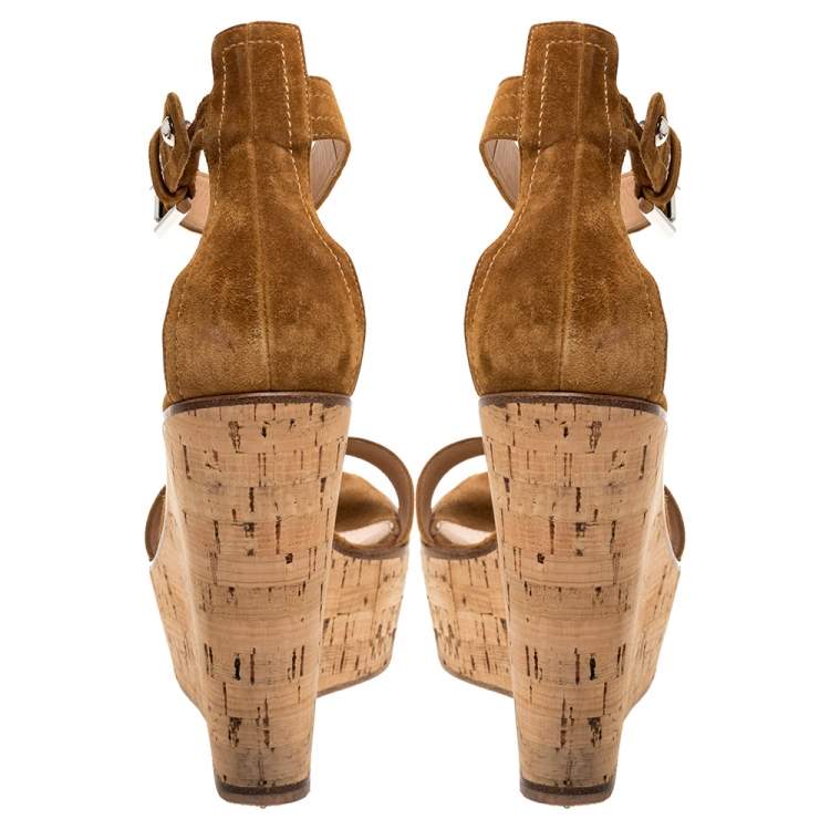 Pre Owned Gianvito Rossi Brown Suede Leather Cork Wedge Platform Ankle Strap Sandals Size 39.5