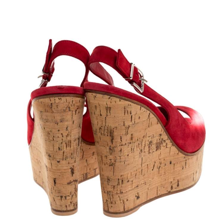Pre Owned Gianvito Rossi Red Suede Leather Cork Wedge Peep Toe Platform Slingback Sandals Size 38.5