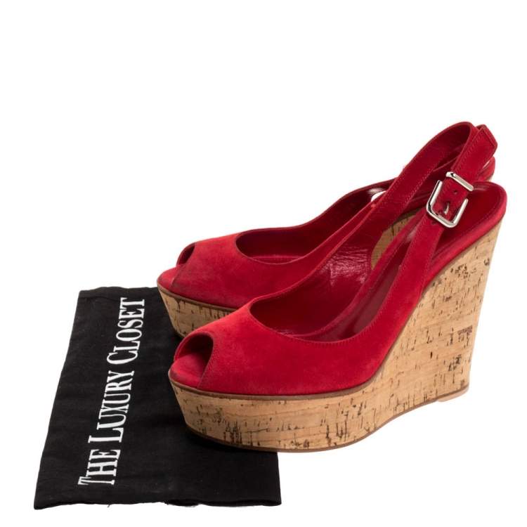 Pre Owned Gianvito Rossi Red Suede Leather Cork Wedge Peep Toe Platform Slingback Sandals Size 38.5
