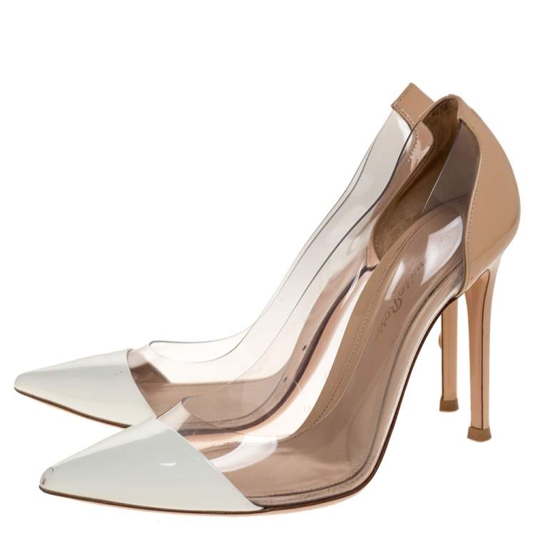 Pre Owned Gianvito Rossi Beige/White PVC and Leather Plexi Pointed Toe Pumps Size 36.5