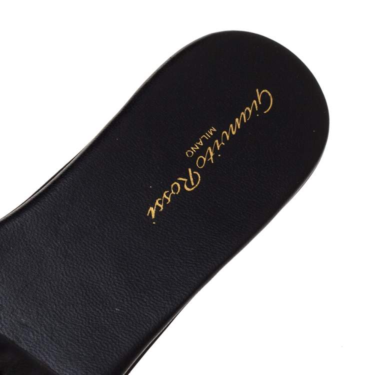 Pre Owned Gianvito Rossi Black Fish Net And Leather Trim Flat Sandals Size 38.5