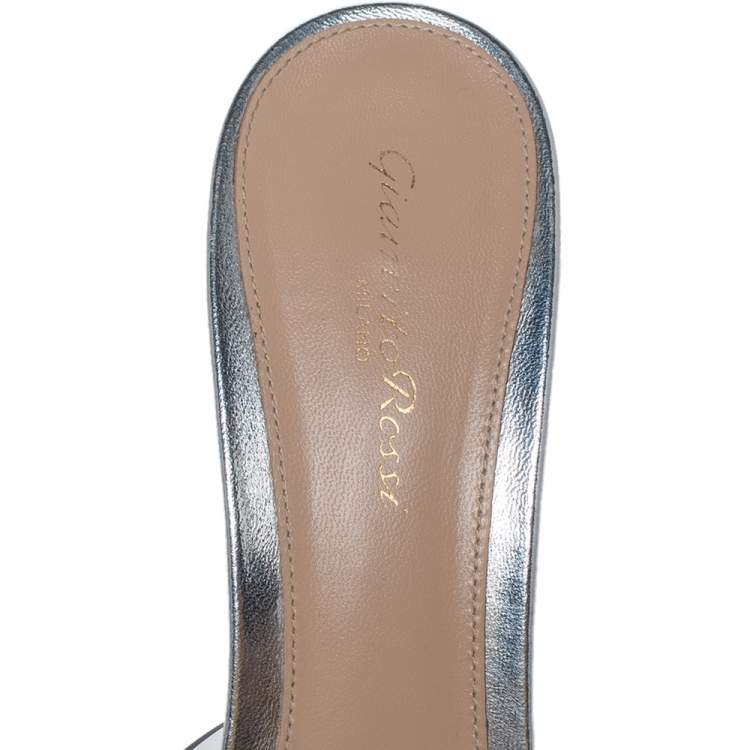 Pre Owned Gianvito Rossi Silver Leather And PVC Bow Slide Sandals Size 40