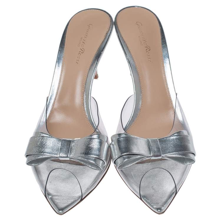 Pre Owned Gianvito Rossi Silver Leather And PVC Bow Slide Sandals Size 40