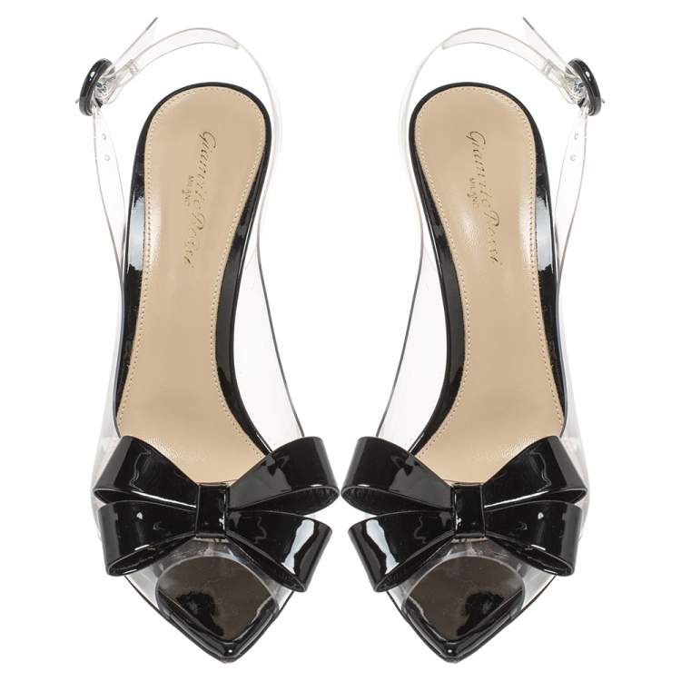 Pre Owned Gianvito Rossi Black/Transparent PVC Flexi Bow Slingback Peep Toe Pumps Size 38.5