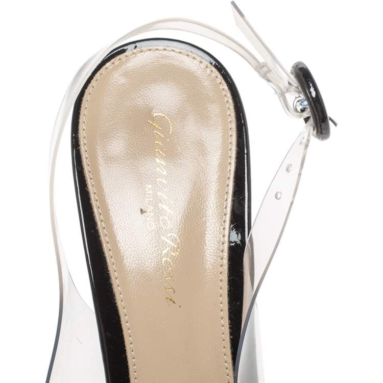 Pre Owned Gianvito Rossi Black/Transparent PVC Flexi Bow Slingback Peep Toe Pumps Size 38.5