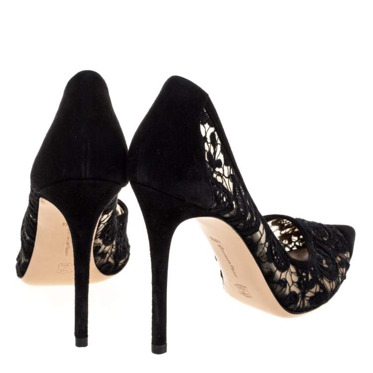 Pre Owned Gianvito Rossi Black Suede And Lace Pointed Toe Pumps Size 40.5