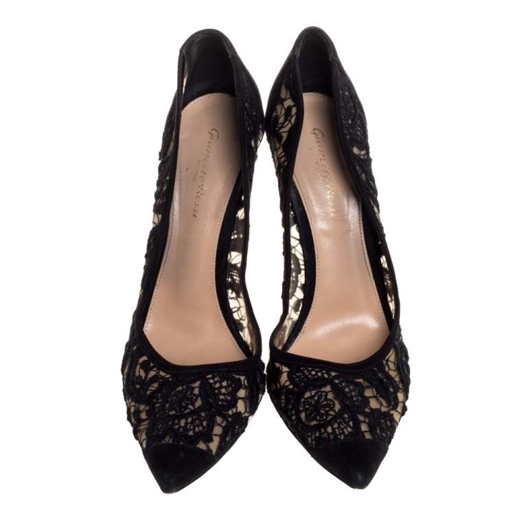 Pre Owned Gianvito Rossi Black Suede And Lace Pointed Toe Pumps Size 40.5