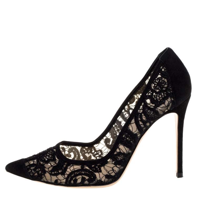 Pre Owned Gianvito Rossi Black Suede And Lace Pointed Toe Pumps Size 40.5
