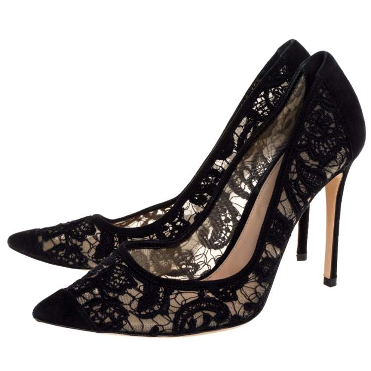 Pre Owned Gianvito Rossi Black Suede And Lace Pointed Toe Pumps Size 40.5