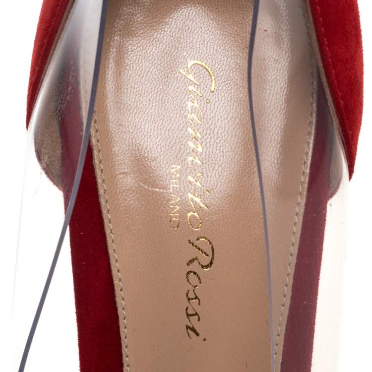 Pre Owned Gianvito Rossi Red Suede and PVC Plexi Pumps Size 41.5
