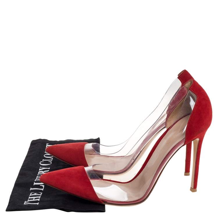 Pre Owned Gianvito Rossi Red Suede and PVC Plexi Pumps Size 41.5