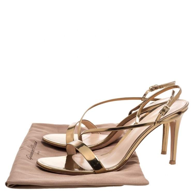Pre Owned Gianvito Rossi Metallic Bronze Mirror Leather 'Manhattan' Ankle Strap Sandals Size 39