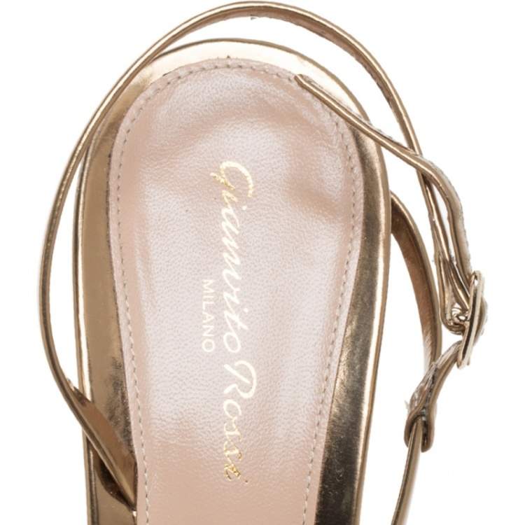 Pre Owned Gianvito Rossi Metallic Bronze Mirror Leather 'Manhattan' Ankle Strap Sandals Size 39