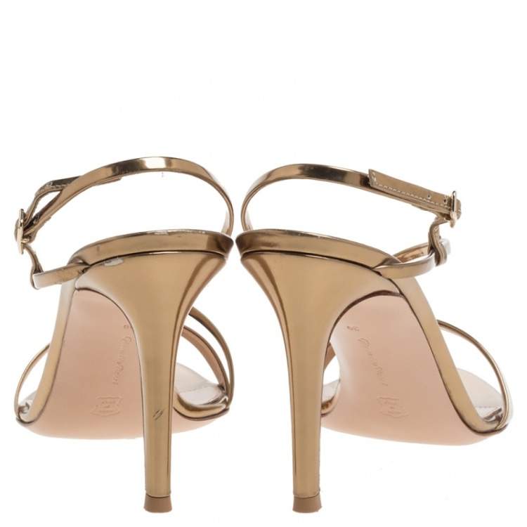 Pre Owned Gianvito Rossi Metallic Bronze Mirror Leather 'Manhattan' Ankle Strap Sandals Size 39