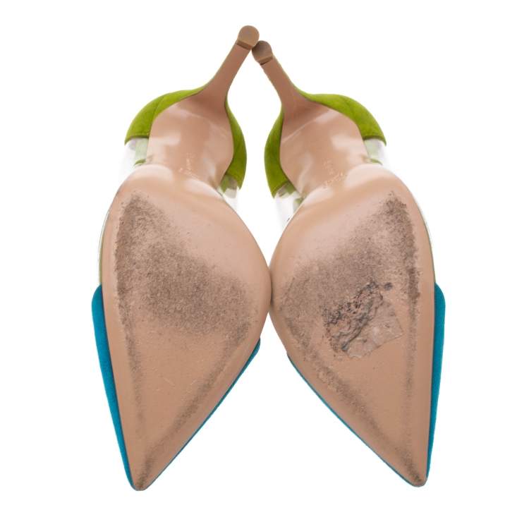 Pre Owned Gianvito Rossi Blue/Green Suede and PVC Plexi Pointed Toe Pumps Size 37
