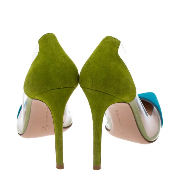 Pre Owned Gianvito Rossi Blue/Green Suede and PVC Plexi Pointed Toe Pumps Size 37