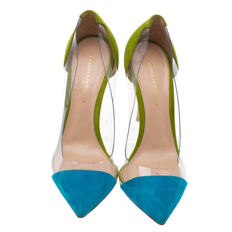 Pre Owned Gianvito Rossi Blue/Green Suede and PVC Plexi Pointed Toe Pumps Size 37
