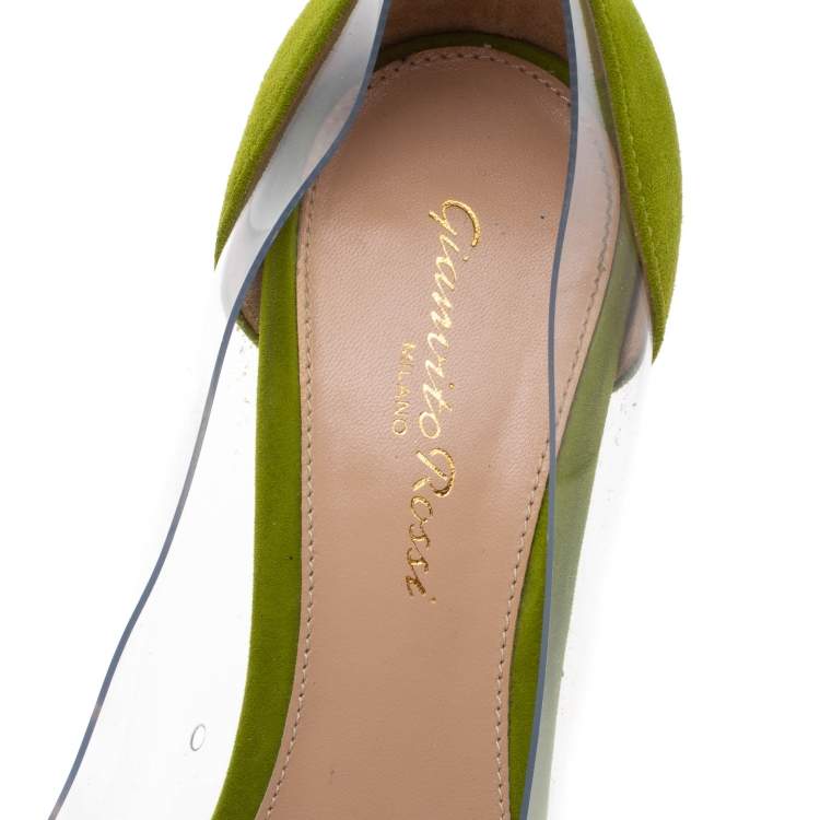 Pre Owned Gianvito Rossi Blue/Green Suede and PVC Plexi Pointed Toe Pumps Size 37