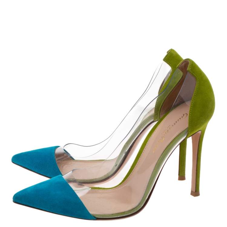 Pre Owned Gianvito Rossi Blue/Green Suede and PVC Plexi Pointed Toe Pumps Size 37