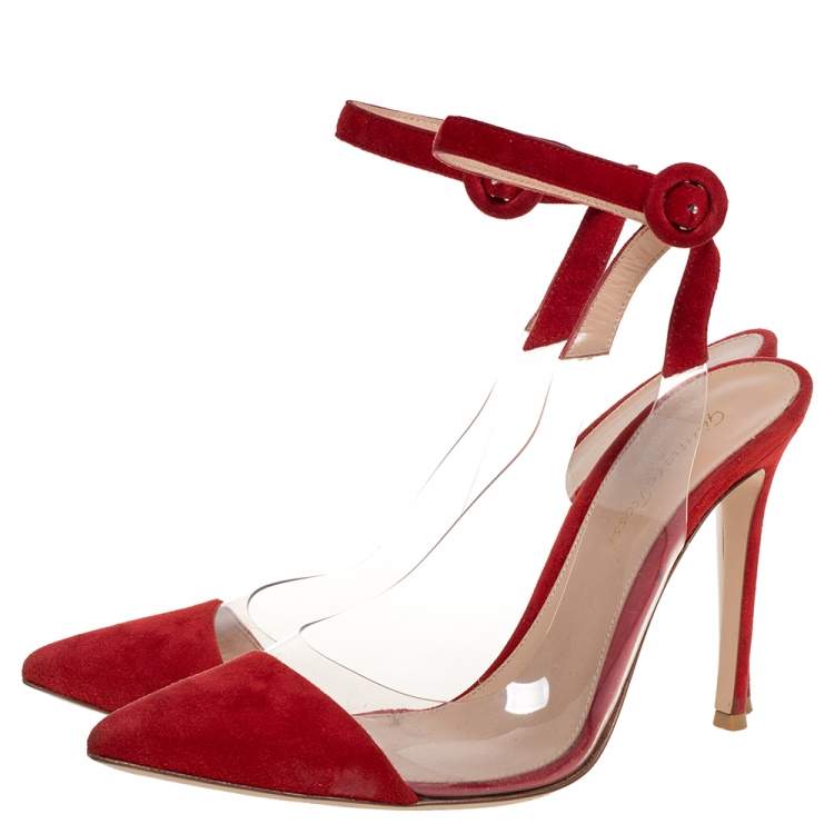 Pre Owned Gianvito Rossi Red Leather And Suede Anise Pointed Toe Ankle Strap Sandals Size 38