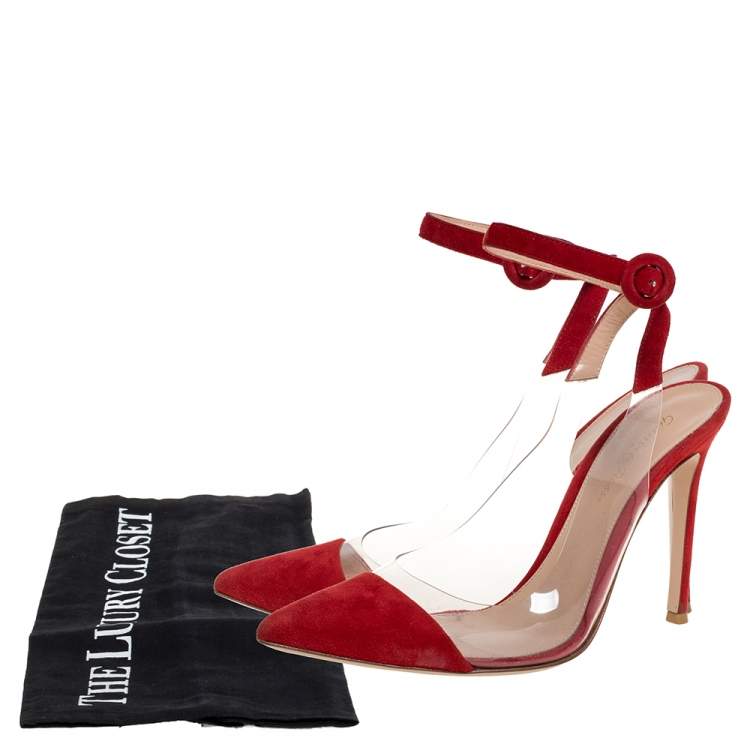 Pre Owned Gianvito Rossi Red Leather And Suede Anise Pointed Toe Ankle Strap Sandals Size 38