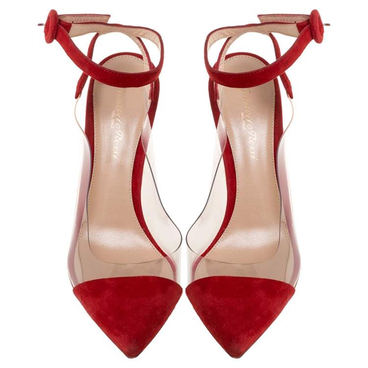 Pre Owned Gianvito Rossi Red Leather And Suede Anise Pointed Toe Ankle Strap Sandals Size 38