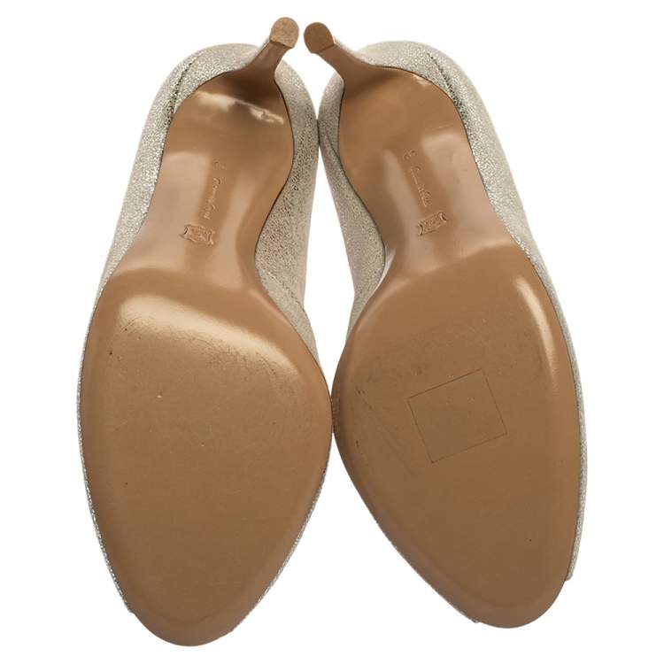 Pre Owned Gianvito Rossi Silver Foil Suede Vamp Peep Toe Booties Size 39