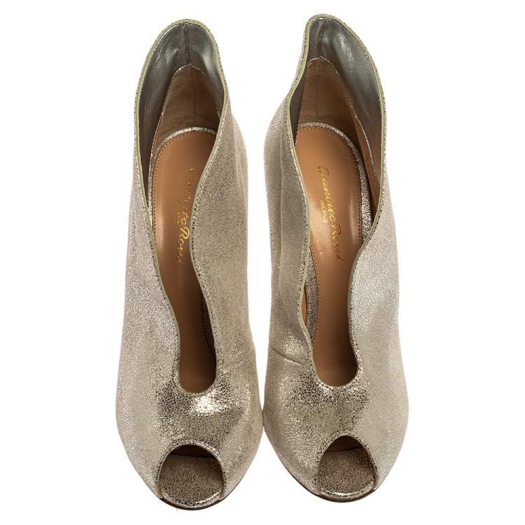 Pre Owned Gianvito Rossi Silver Foil Suede Vamp Peep Toe Booties Size 39