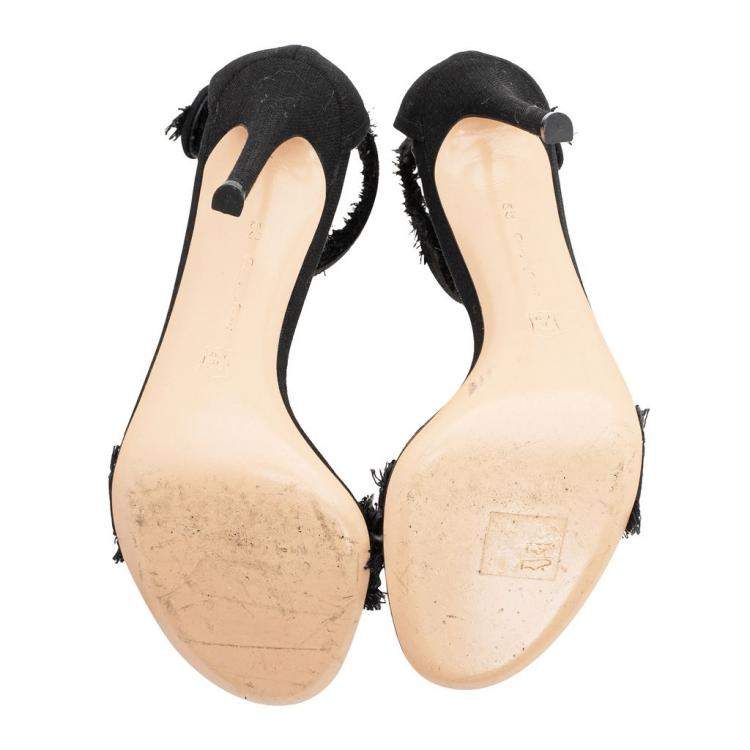 Pre Owned Gianvito Rossi Black Canvas Lola Frayed Ankle Cuff Sandals Size 37