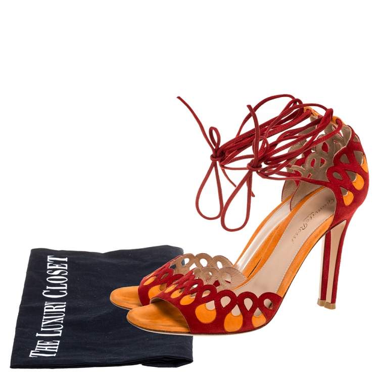 Pre Owned Gianvito Rossi Red/Orange Suede Ankle Tie Sandals Size 38.5