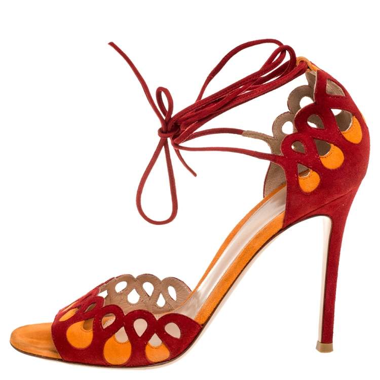 Pre Owned Gianvito Rossi Red/Orange Suede Ankle Tie Sandals Size 38.5