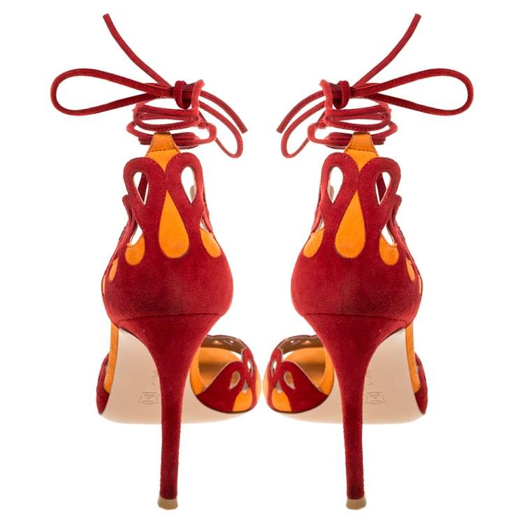 Pre Owned Gianvito Rossi Red/Orange Suede Ankle Tie Sandals Size 38.5