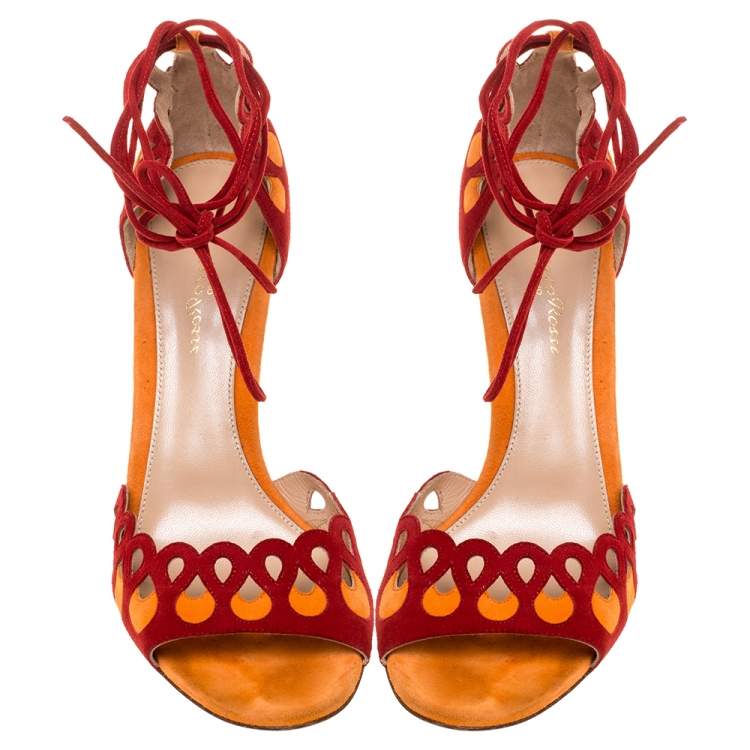 Pre Owned Gianvito Rossi Red/Orange Suede Ankle Tie Sandals Size 38.5