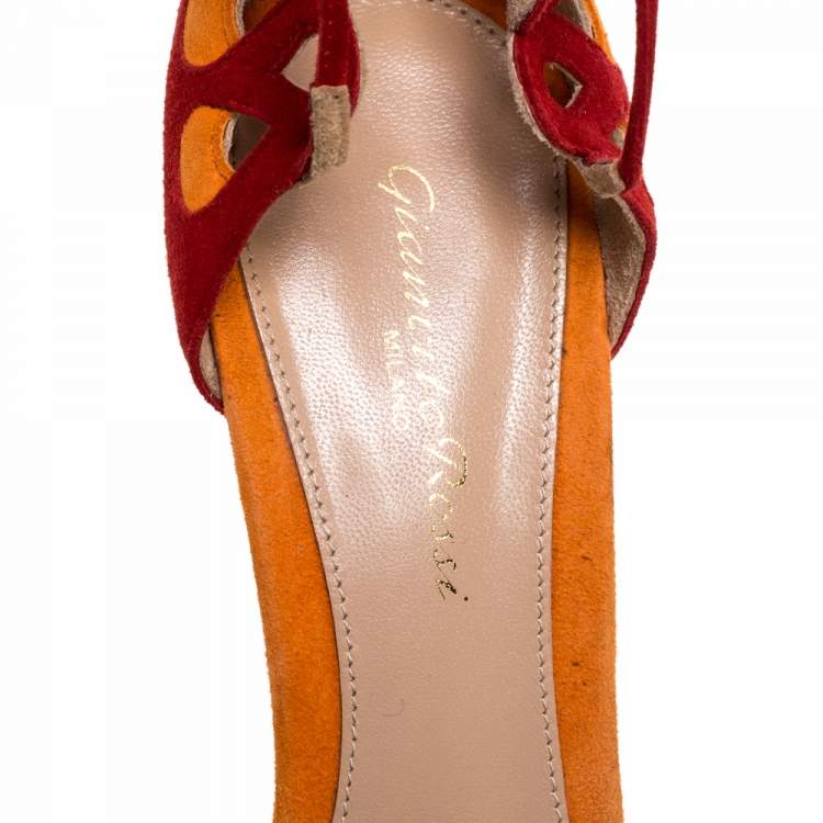 Pre Owned Gianvito Rossi Red/Orange Suede Ankle Tie Sandals Size 38.5