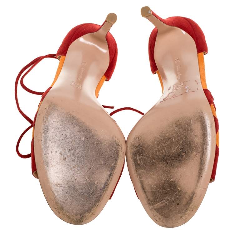 Pre Owned Gianvito Rossi Red/Orange Suede Ankle Tie Sandals Size 38.5