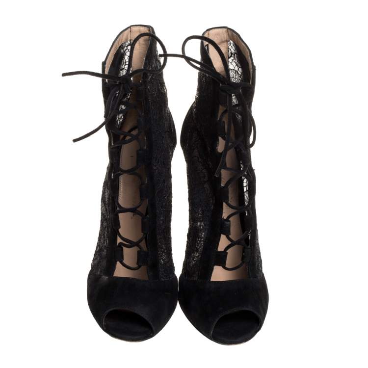 Pre Owned Gianvito Rossi Black Lace and Suede Lace Up Peep Toe Ankle Boots Size Size 37