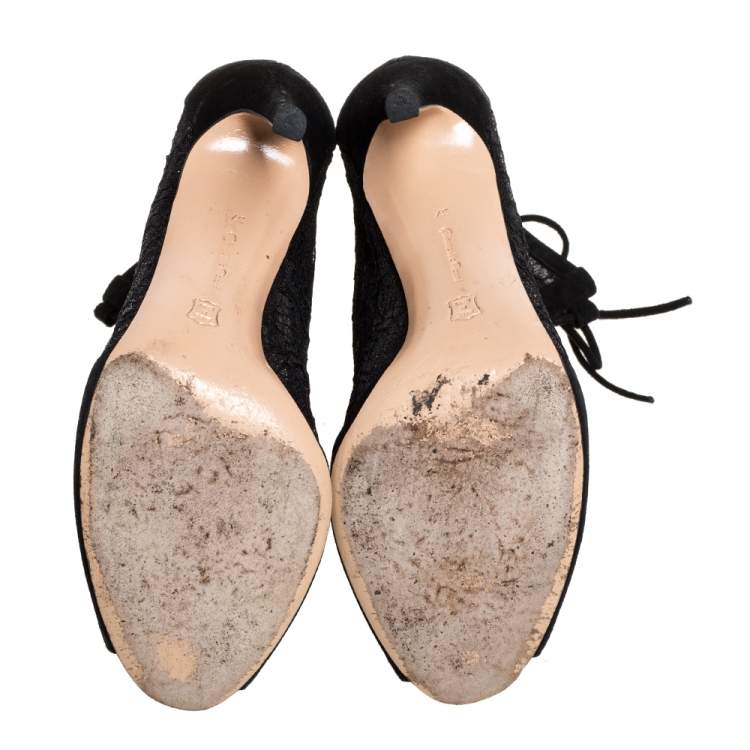 Pre Owned Gianvito Rossi Black Lace and Suede Lace Up Peep Toe Ankle Boots Size Size 37